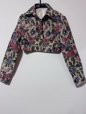 AKIRA Floral Cropped Jean Jacket - burgundy, Blue & Green